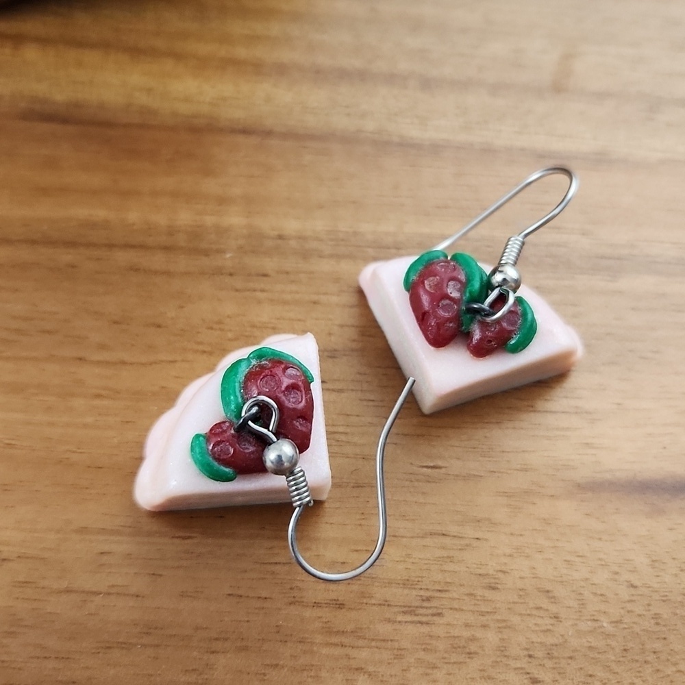 Cute Strawberry Shortcake Slice Dangle Earrings | Kawaii Miniature Food Jewelry